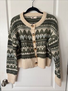 SO Olive Green and Cream Fair Isle Button Cardigan